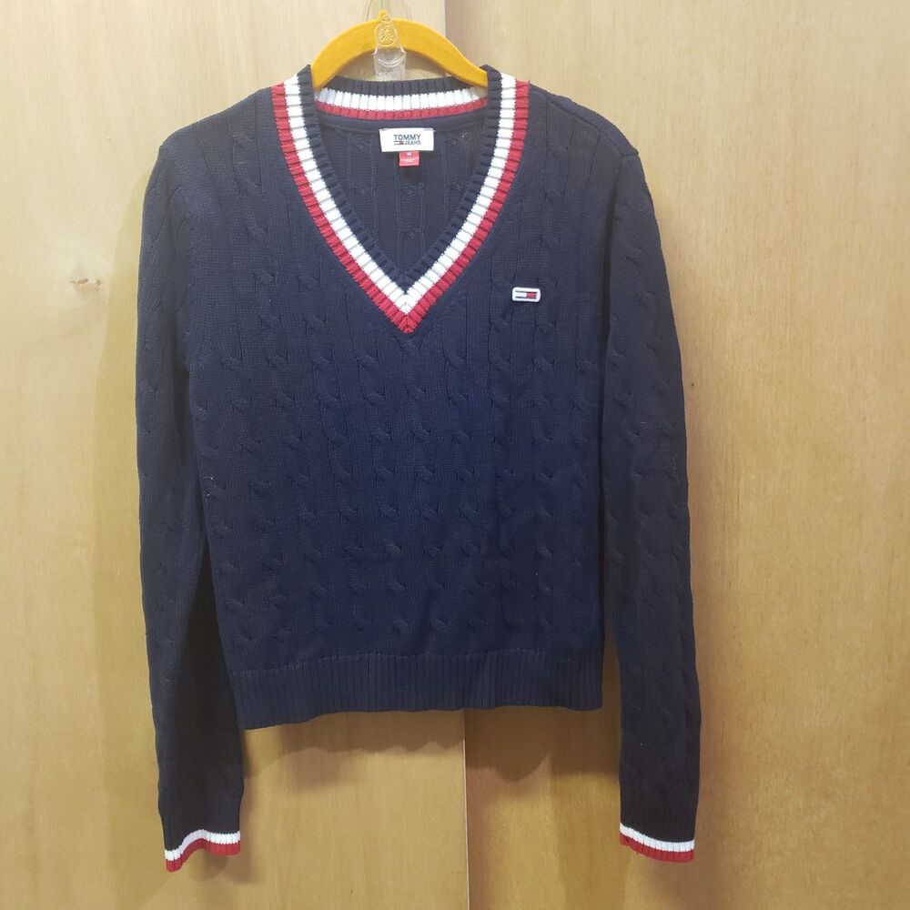 Tommy Jeans Badge Navy Cotton Cable knit V-Neck Sweater Sz Medium YYY